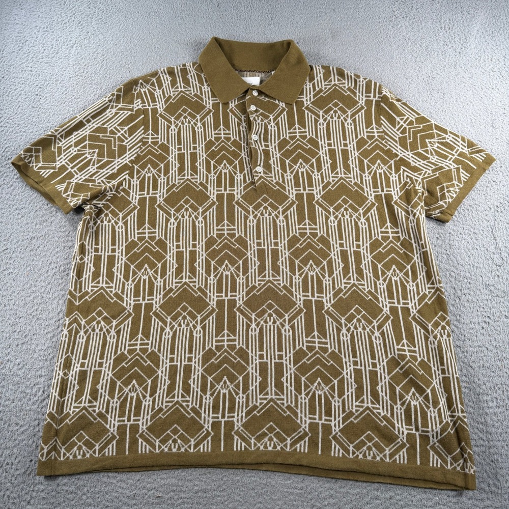 Billy Reid Sweater Polo Shirt Mens 2XL Green Stained Glass Short Sleeve Cotton